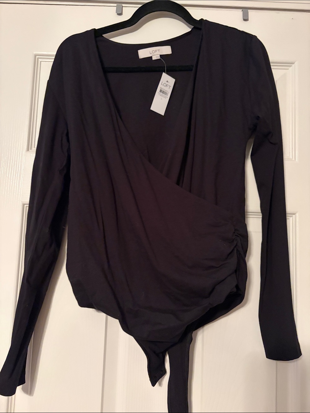 LOFT Black Long-Sleeve Wrap-Style Bodysuit